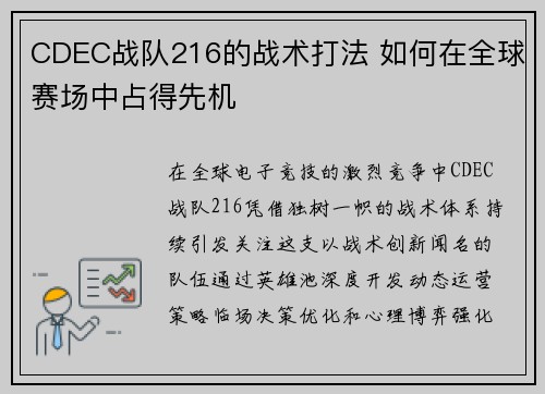 CDEC战队216的战术打法 如何在全球赛场中占得先机