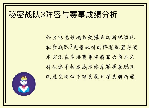 秘密战队3阵容与赛事成绩分析
