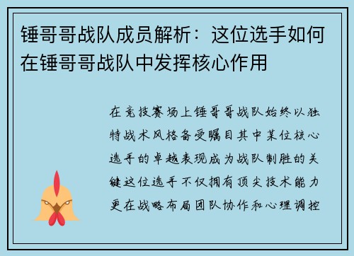锤哥哥战队成员解析：这位选手如何在锤哥哥战队中发挥核心作用