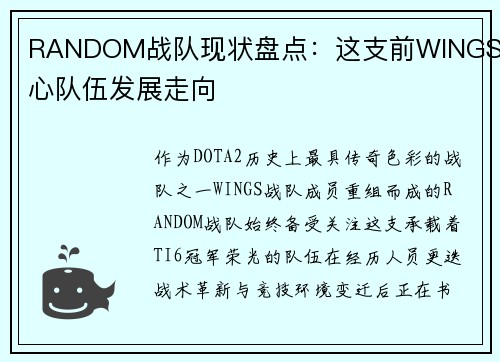 RANDOM战队现状盘点：这支前WINGS核心队伍发展走向